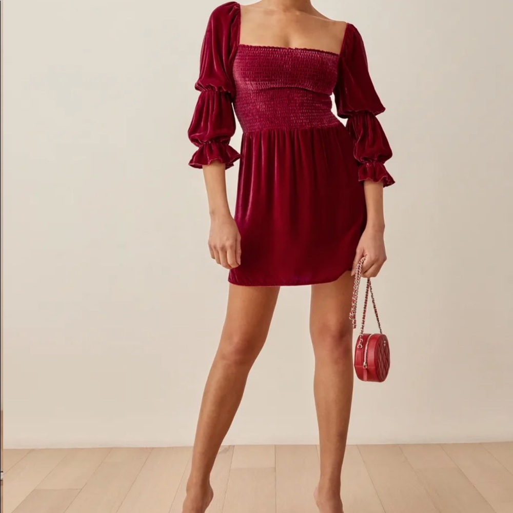 Reformation Albi Velvet Dress Crimson - Picture 3 of 8